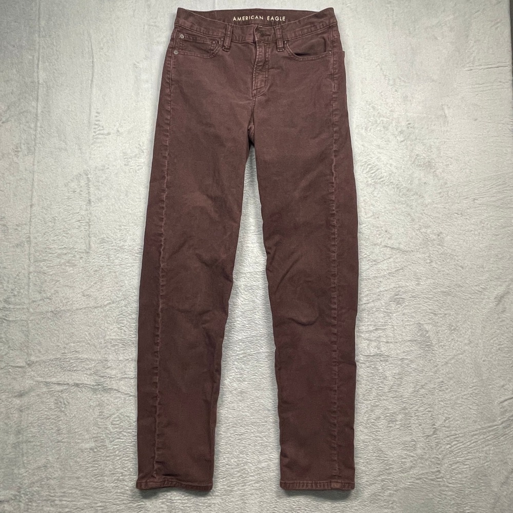 American Eagle 90s Straight Pants Women 2 Long Burgundy Brown Corduroy Stretch